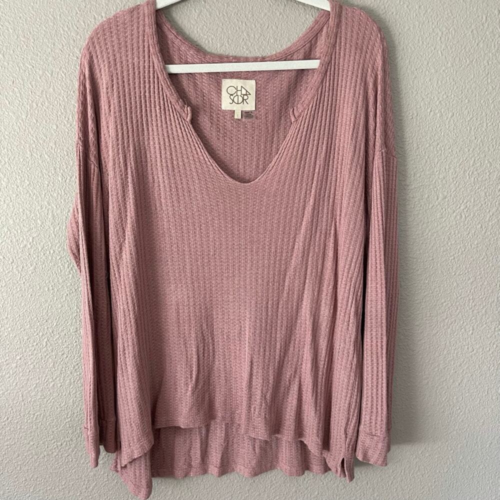 Chaser Waffle Knit Slit Neck Oversize Slouchy Womens Long Sleeve Top Blouse Lrg